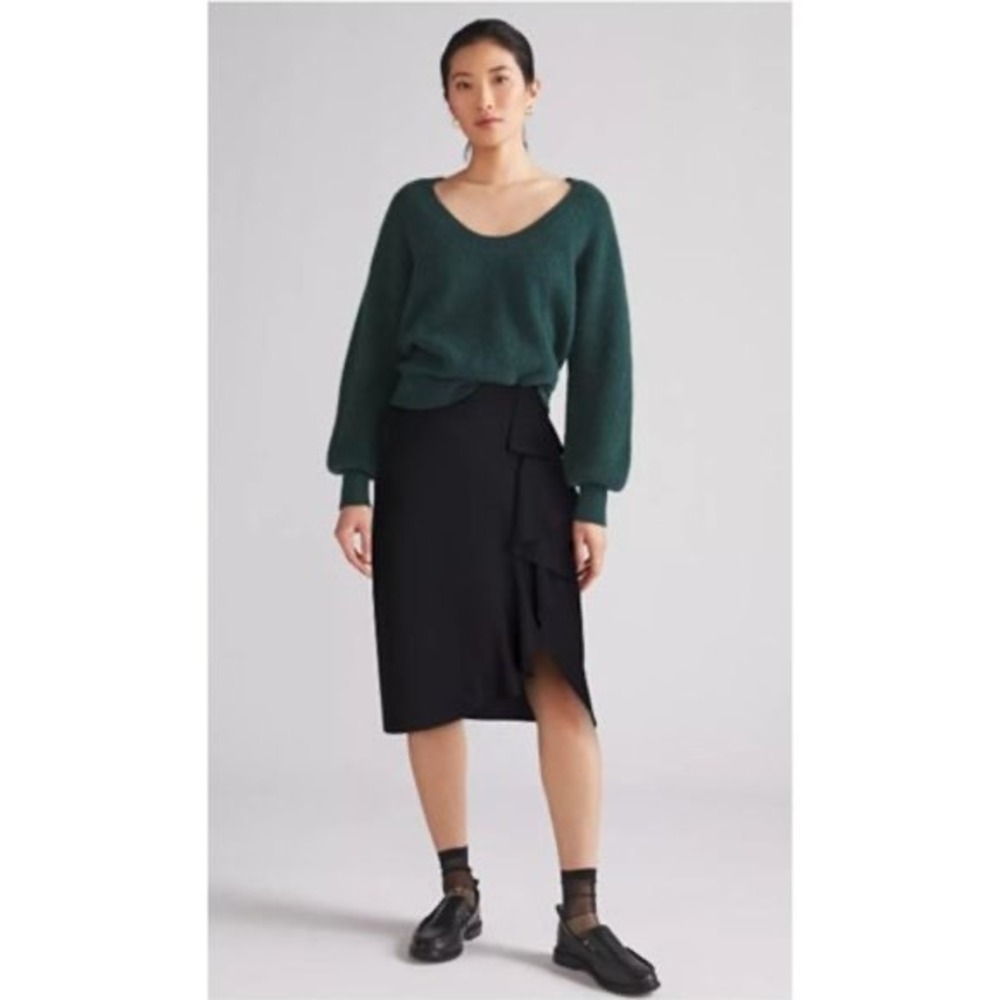 Anthropologie x Maeve | Flounce Ruffle Wrap Midi Skirt Size 6 Black Side Tie
